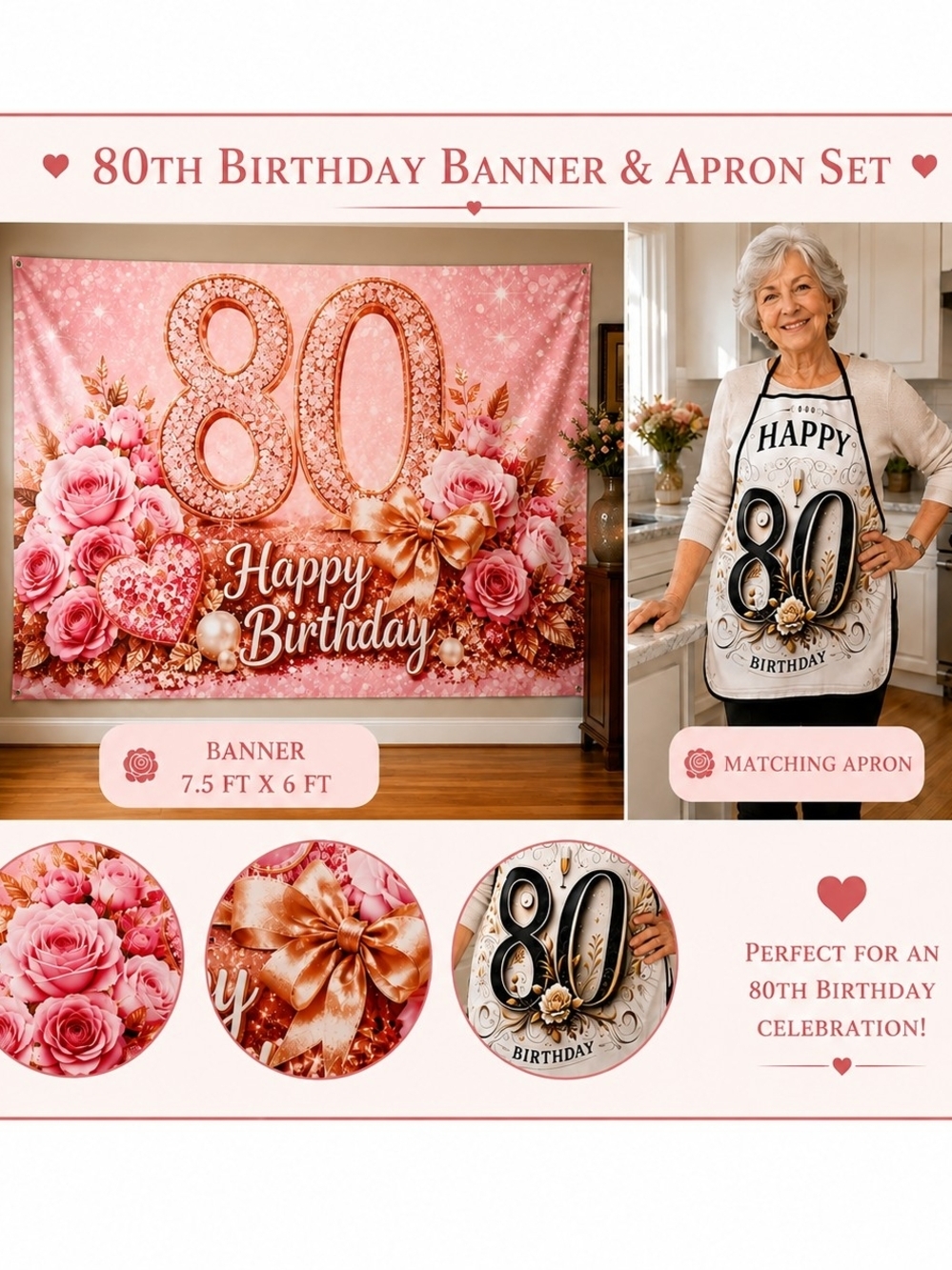 80th Birthday Pink Floral Banner & Apron Set - Happy Birthday